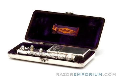 1909 Gillette Silver OLD Type ABC Pocket Edition Floral Handle – Open Comb DE Razor Set