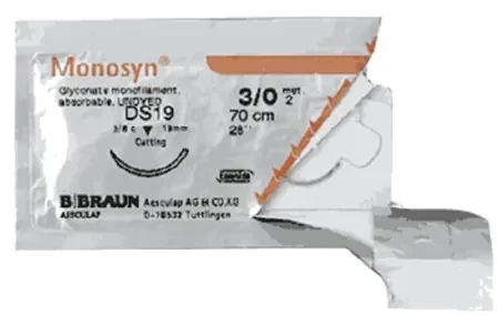 Aesculap Monosyn Suture with Needle Absorbable Uncoated Undyed Suture Monofilament Glyconate Size 4-0 70 cm Suture 1-Needle 19 mm Length 3/8 Circle Reverse Cutting Needle – C0023627