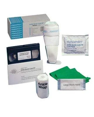 Ankle Sprain Care Kit with AirSport Brace (medium/right), exercise band, cold pack, wrap, DVD