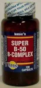 Basics Organics Basic‘s Super B-50 Vitamin B-Complex Vitamin B1 / Vitamin B2 / Vitamin B6 / Vitmain B12 50 mg – 50 mg – 50 mg – 50 mg Strength Capsule 100 per Bottle – 30761083920