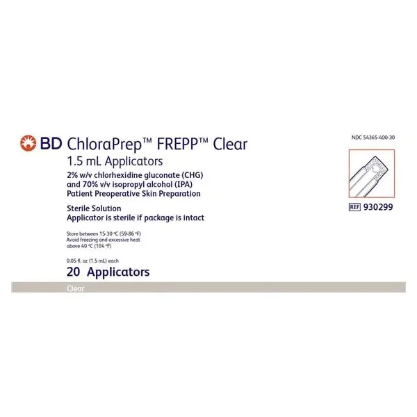 Becton-Dickinson Applicator Chloraprep Chg 2%/Isopropyl Alcohol 70% 1.5Ml Clear 20/Box, 25 Bx/Ca – 930299