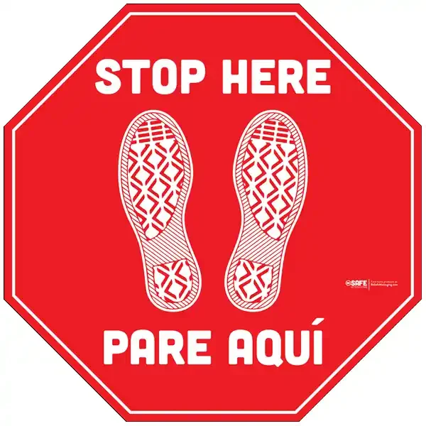 BeSafe Messaging Bilingual Floor Decals – Red, 12″ x 12″, Pack of 6
