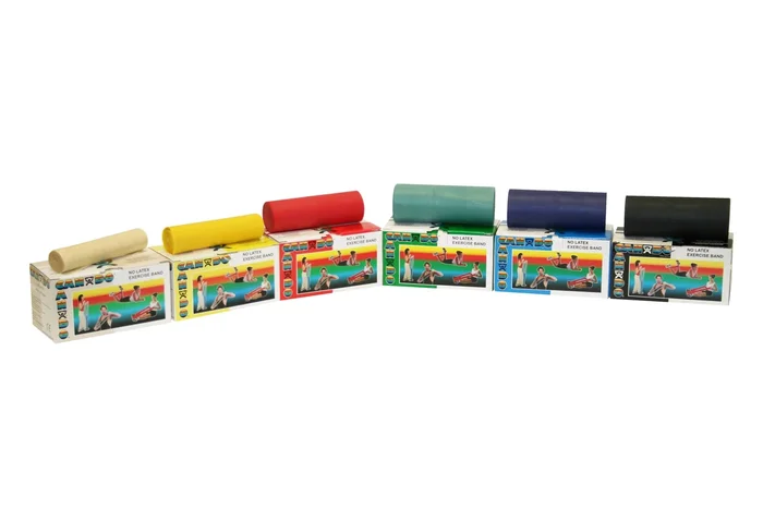 CanDo Latex Free Exercise Band – 6 yard rolls, 5-piece set (1 each: yellow, red, green, blue, black)