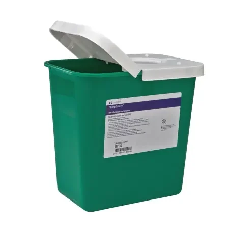 Cardinal SharpSafety Non-Infectious Waste Container 17-3/4H X 11W X 15-1/2D Inch 8 Gallon Green Base / White Lid Vertical Entry Hinged Lid – 8781
