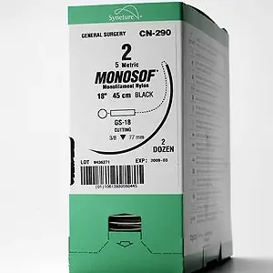 Covidien Monosof Suture with Needle Nonabsorbable Uncoated Black Suture Monofilament Nylon Size 9-0 12 Inch Suture Double-Armed 6 mm Length 3/8 Circle Spatula Needle – N2771K