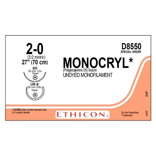Ethicon Inc,a J & J Company Suture 2-0 Pcl25 Ur-6/Sh Monocryl Undyed 27″ Double Arm Monofilament 12/Bx – D8550
