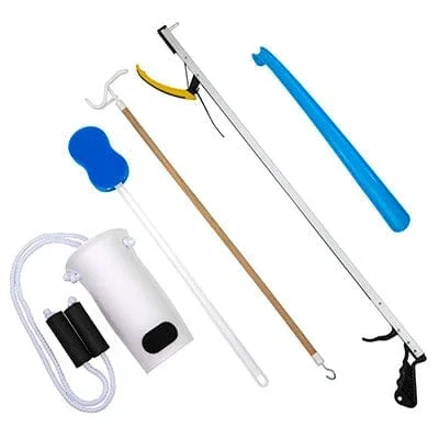 FabLife Hip Kit: 32″ reacher, contoured sponge, formed sock aid, 18″ plastic shoehorn, 24″ dressing stick