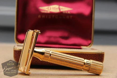 Gillette 1948-1951 Aristocrat DE Safety Razor w/ Leather Case * 24K Gold Revamped
