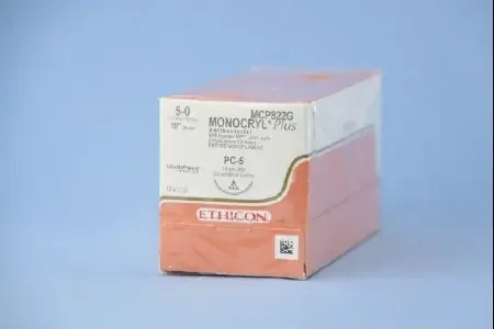 J & J Healthcare Systems Monocryl Plus Antibacterial Suture with Needle Absorbable Uncoated Undyed Suture Poliglecaprone 25 with Irgacare MP Antibacterial Suture Size 5-0 18 Inch Suture 1-Needle 19 mm Length 3/8 Circle Conventional Cutting Needle – CP822G