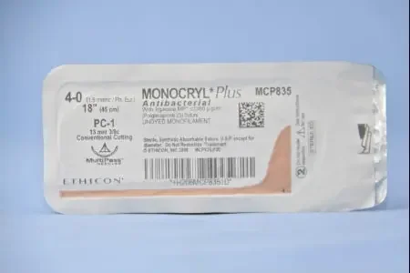 J&J Healthcare Systems Monocryl Plus Antibacterial Suture with Needle Absorbable Uncoated Undyed Suture Poliglecaprone 25 with Irgacare MP Antibacterial Suture Size 4-0 18 Inch Suture 1-Needle 13 mm Length 3/8 Circle Conventional Cutting Needle-MCP835G