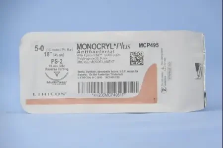 J & J Healthcare Systems Monocryl Plus Antibacterial Suture with Needle Absorbable Uncoated Undyed Suture Poliglecaprone 25 with Irgacare MP Antibacterial Suture Size 5-0 18 Inch Suture 1-Needle 19 mm Length 3/8 Circle Reverse Cutting Needle – CP495G