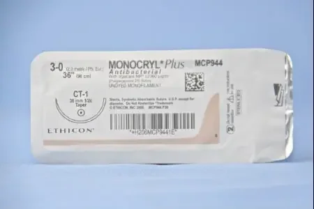 J & J Healthcare Systems Monocryl Plus Antibacterial Suture with Needle Absorbable Uncoated Undyed Suture Poliglecaprone 25 with Irgacare MP Antibacterial Suture Size 3-0 36 Inch Suture 1-Needle 36 mm Length 1/2 Circle Taper Point Needle – CP944H