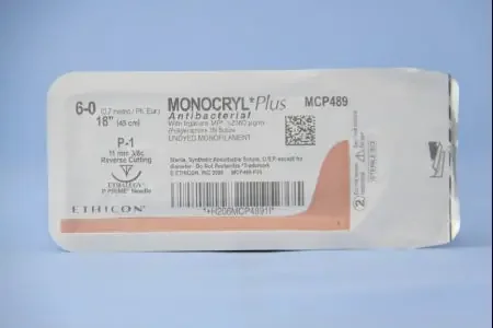 J & J Healthcare Systems Monocryl Plus Antibacterial Suture with Needle Absorbable Uncoated Undyed Suture Poliglecaprone 25 with Irgacare MP Antibacterial Suture Size 6-0 18 Inch Suture 1-Needle 11 mm Length 3/8 Circle Reverse Cutting Needle – CP489G