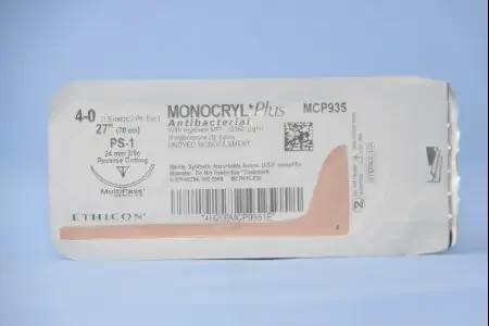 J & J Healthcare Systems Monocryl Plus Antibacterial Suture with Needle Absorbable Uncoated Undyed Suture Poliglecaprone 25 with Irgacare MP Antibacterial Suture Size 4-0 27 Inch Suture 1-Needle 24 mm Length 3/8 Circle Reverse Cutting Needle – CP935H