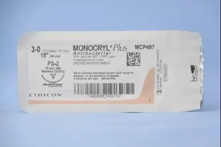 J & J Healthcare Systems Monocryl Plus Antibacterial Suture with Needle Absorbable Uncoated Undyed Suture Poliglecaprone 25 with Irgacare MP Antibacterial Suture Size 3-0 18 Inch Suture 1-Needle 19 mm Length 3/8 Circle Reverse Cutting Needle – CP497G