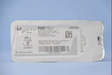 J & J Healthcare Systems PDS Plus Antibacterial Suture with Needle Absorbable Uncoated Violet Suture Monofilament Polydioxanone with Irgacare MP Antibacterial Suture Size 5-0 27 Inch Suture 1-Needle 17 mm Length 1/2 Circle Taper Point Needle – PDP303H