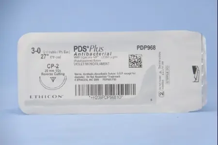 J & J Healthcare Systems PDS Plus Antibacterial Suture with Needle Absorbable Uncoated Violet Suture Monofilament Polydioxanone with Irgacare MP Antibacterial Suture Size 3-0 27 Inch Suture 1-Needle 26 mm Length 1/2 Circle Reverse Cutting Needle – PDP968H