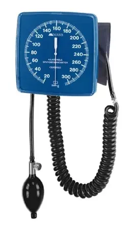 Mabis Healthcare Mabis Legacy Aneroid Sphygmomanometer 8 Inch Coiled, Blue, Neoprene Tubing, Wall Mount, Deluxe Calibrated, Nylon Cuff, Bulb With Deluxe Air Release Valve – 09-166-011
