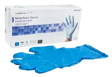 McKesson McKesson Confiderm 6.5CX Extended Cuff Exam Glove Large NonSterile Nitrile Extended Cuff Length Textured Fingertips Blue Chemo Tested – 14-678C