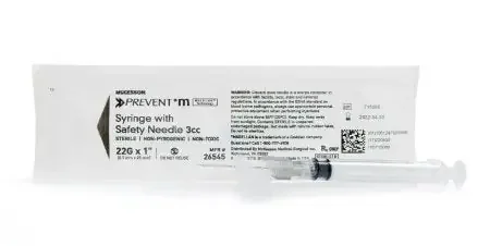 McKesson McKesson Prevent M Syringe with Hypodermic Needle 3 mL 22 Gauge 1 Inch Detachable Needle Safety Slide Needle – 26545