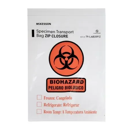 McKesson McKesson Specimen Transport Bag with Document Pouch 9 X 12 Inch Low Density Polyethylene Biohazard Symbol / Storage Instructions Zip Closure NonSterile – 79-LAB20912