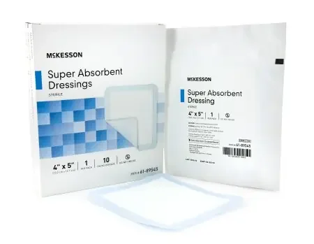 McKesson McKesson Super Absorbent Polymer Dressing Polyethylene, NonWoven Polypropylene, Cellulose and Superabsorber 4 X 5 Inch Sterile – 61-89545
