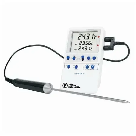PANTek Technologies LLC Fisher Scientific Traceable Digital Refrigerator / Freezer Thermometer Fahrenheit / Celsius -148° to 199.99°F (-100° to 199.99°C) Stainless Steel Probe Multiple Mounting Options Battery Operated – 15-081-108