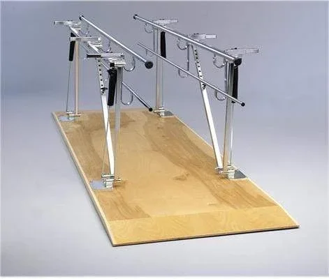 Parallel Bars, wood platform mounted, height and width adjustable, 10′ L x 17.5″ – 25.5″ W x 31″ – 41″ H
