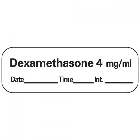 Precision Dynamics Pre-Printed Label Anesthesia Label Dexamethasone 4 mg / ml Date ___________ Time _________ Int _______ White 1-1/2 X 1/2 Inch – LAN-132D4