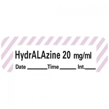 Precision Dynamics Pre-Printed Label Anesthesia Label Hydralazine 20 mg / ml Date ___________ Time _________ Int _______ Violet / White 1-1/2 X 1/2 Inch – LANS-118D20