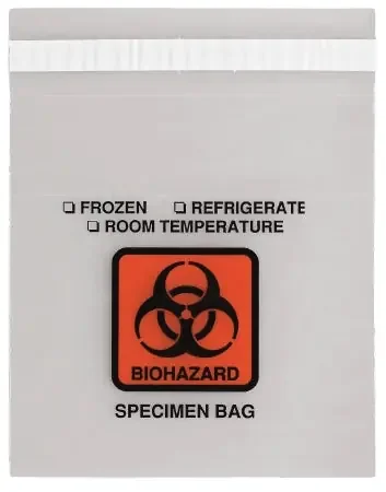 RD Plastics Company Specimen Transport Bag 13 X 18 Inch Plastic Biohazard Symbol / Storage Instructions Adhesive Closure NonSterile – G117