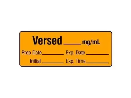 Shamrock Scientific Pre-Printed / Write On Label Anesthesia Label VERSED _____ mg / mL / Prep Date _____ Exp. Date _____ / Initial _____ Exp. Time _____ Orange 1/2 X 500 Inch – SA-213-EXP-PRE