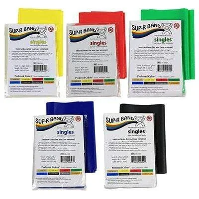 Sup-R Band Latex Free Exercise Band – 5 foot Singles, 5-piece set (1 each: yellow, red, green, blue, black)