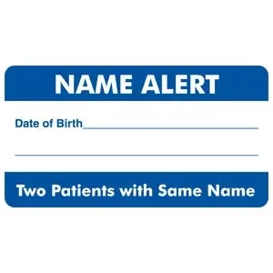 Tabbies Pre-Printed Label Advisory Label Name Alert / Date of Birth _______/ Two Patients With The Same Name Blue / White 1-3/4 X 3-1/4 Inch – AP5150