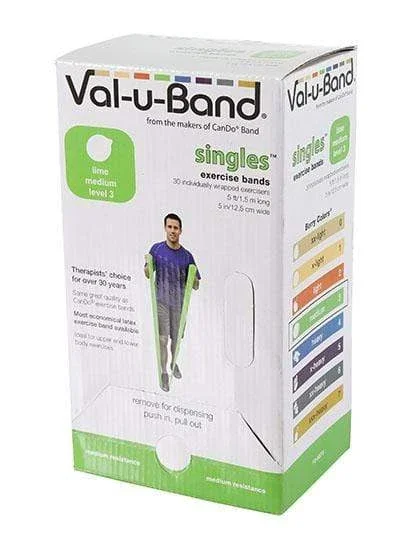 Val-u-Band Resistance Bands, Pre-Cut Strip, 5′, Lime-Level 3/7, Case of 30, Contains Latex